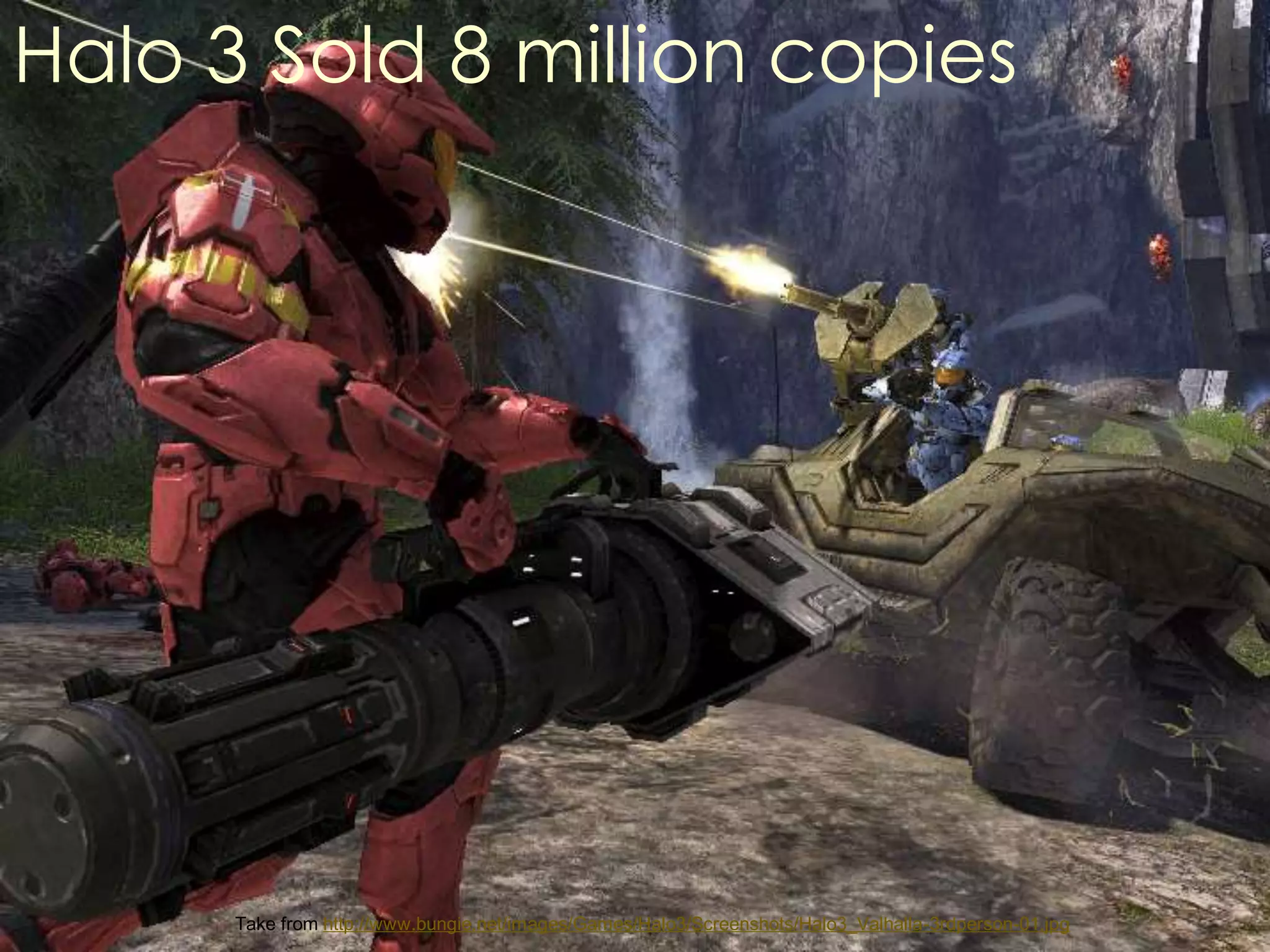 Halo 3 Sold 8 million copies




                               Take from http://www.bungie.net/images/Games/Halo3/Screenshots/Halo3_Valhalla-3rdperson-01.jpg
is available under the Creative Commons Attribution-ShareAlike License
 