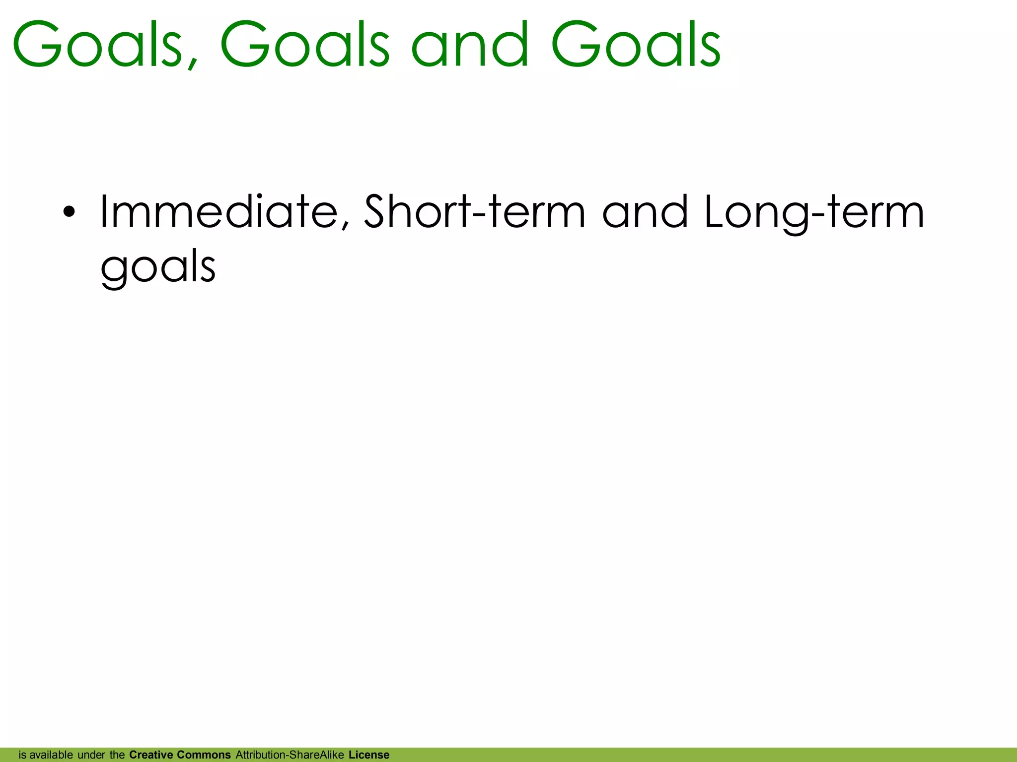Goals, Goals and Goals

        • Immediate, Short-term and Long-term
          goals




is available under the Creative Commons Attribution-ShareAlike License
 