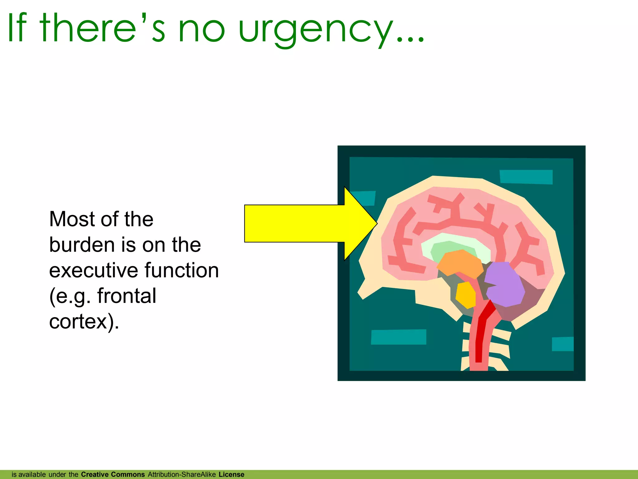 If there’s no urgency...



           Most of the
           burden is on the
           executive function
           (e.g. frontal
           cortex).




is available under the Creative Commons Attribution-ShareAlike License
 