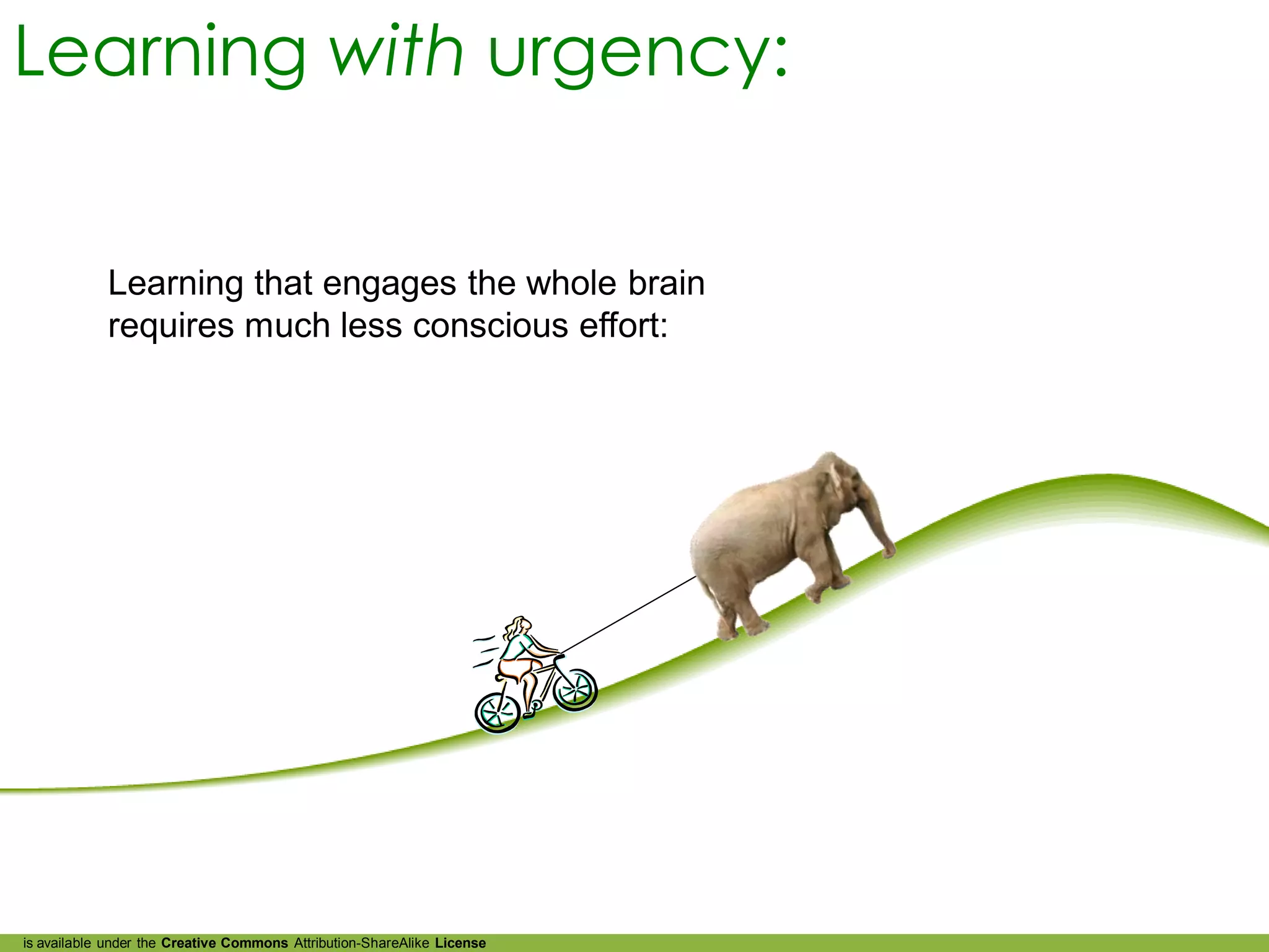 Learning with urgency:


            Learning that engages the whole brain
            requires much less conscious effort:




is available under the Creative Commons Attribution-ShareAlike License
 