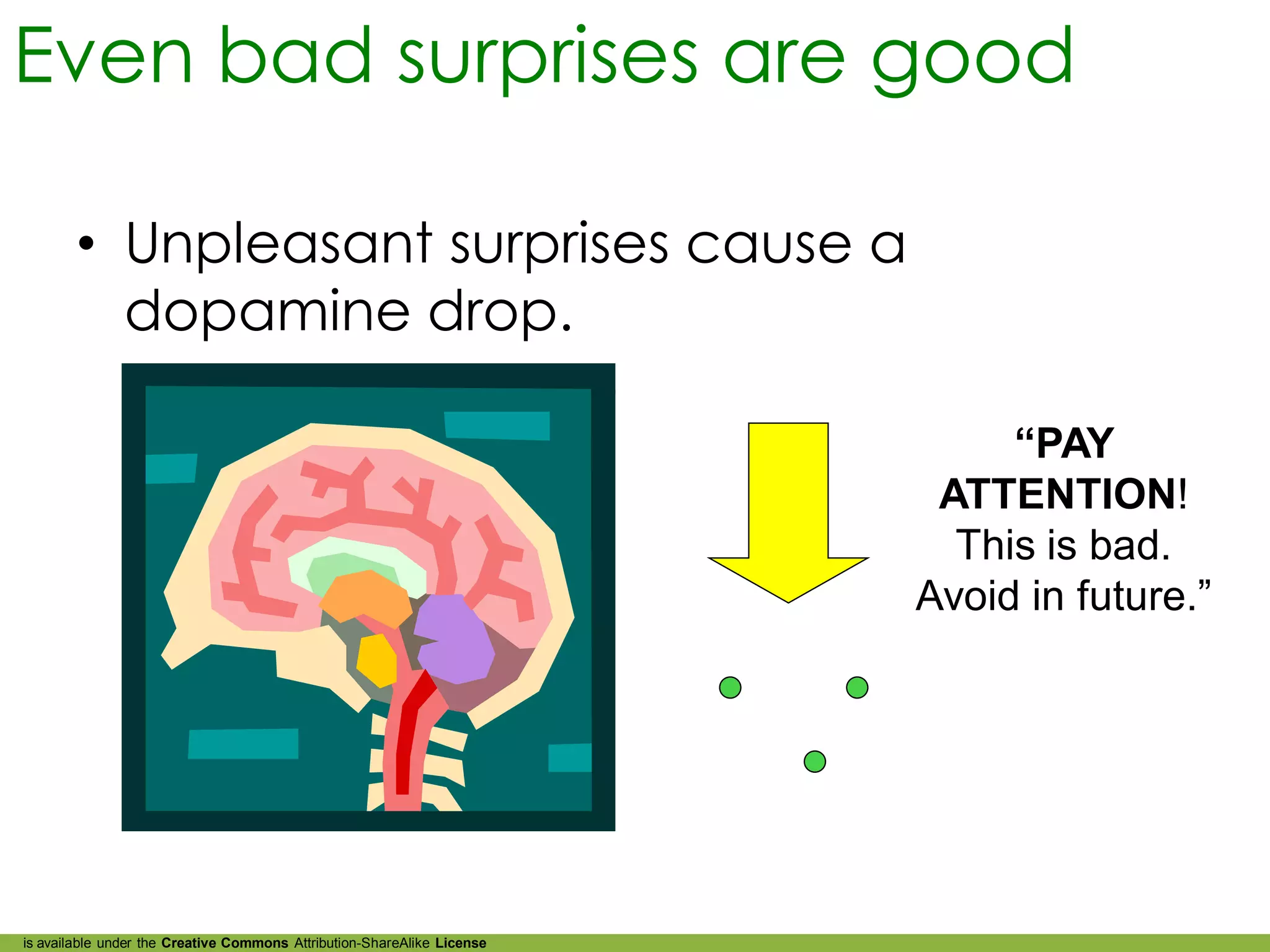 Even bad surprises are good

        • Unpleasant surprises cause a
          dopamine drop.

                                                                              “PAY
                                                                          ATTENTION!
                                                                           This is bad.
                                                                         Avoid in future.”




is available under the Creative Commons Attribution-ShareAlike License
 