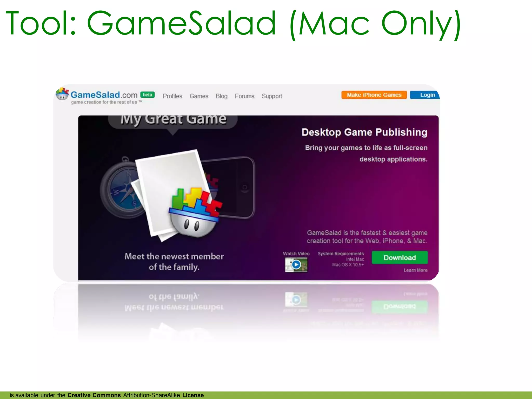 Tool: GameSalad (Mac Only)




is available under the Creative Commons Attribution-ShareAlike License
 