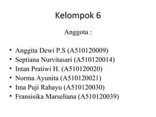 Kelompok 6
Anggota :
• Anggita Dewi P.S (A510120009)
• Septiana Nurvitasari (A510120014)
• Intan Pratiwi H. (A510120020)
• Norma Ayunita (A510120021)
• Ima Puji Rahayu (A510120030)
• Fransisika Marseliana (A510120039)
 