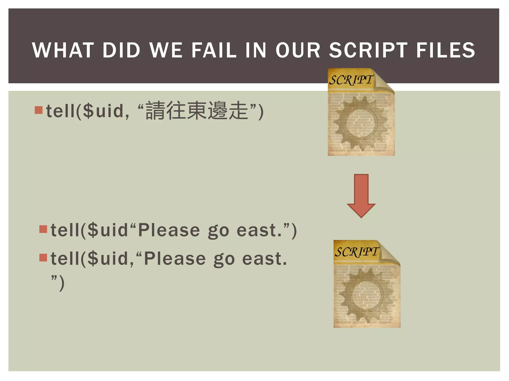 tell($uid, “請往東邊走”)
tell($uid“Please go east.”)
tell($uid,“Please go east.
”)
WHAT DID WE FAIL IN OUR SCRIPT FILES
 