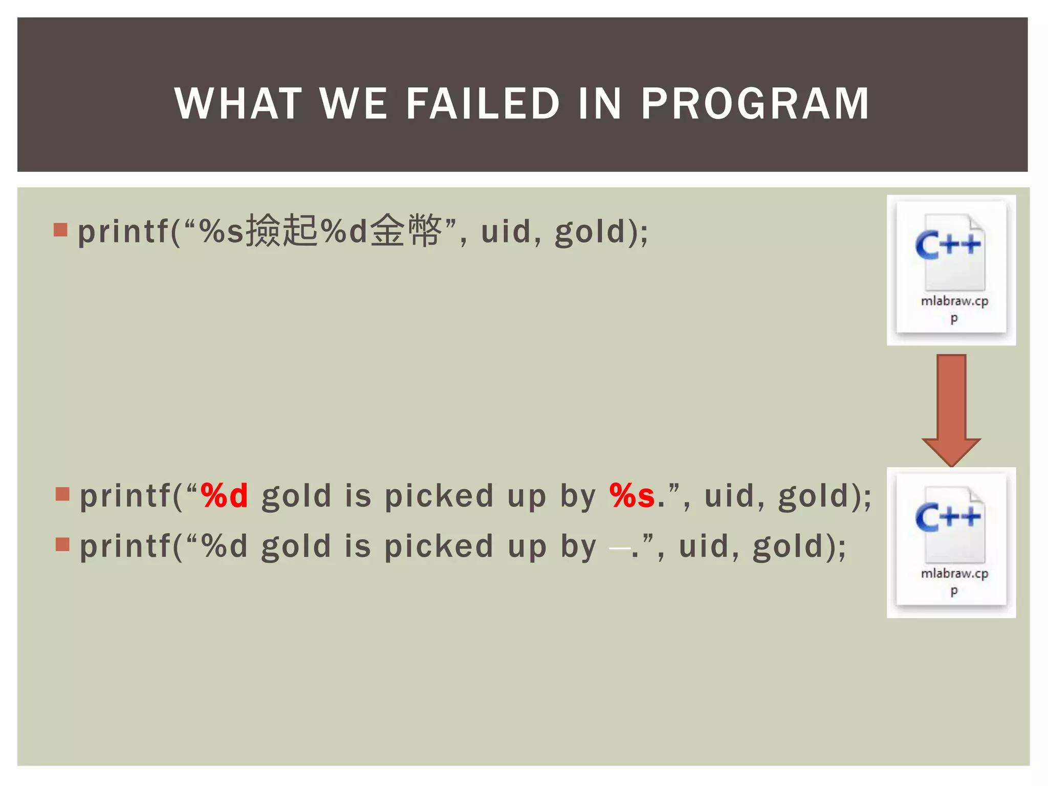  printf(“%s撿起%d金幣”, uid, gold);
 printf(“%d gold is picked up by %s.”, uid, gold);
 printf(“%d gold is picked up by .”, uid, gold);
WHAT WE FAILED IN PROGRAM
 