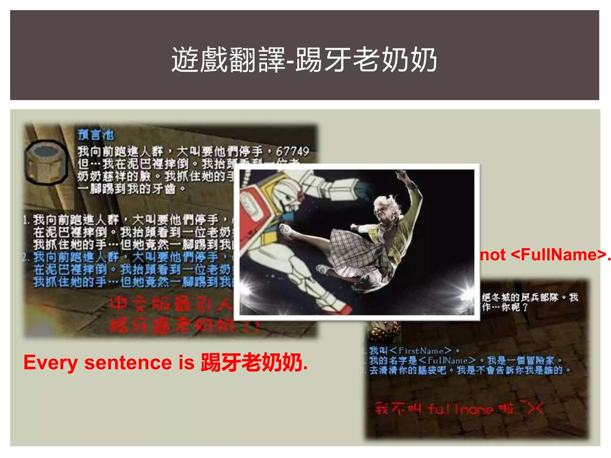 My name is not <FullName>.
遊戲翻譯-踢牙老奶奶
Every sentence is 踢牙老奶奶.
 