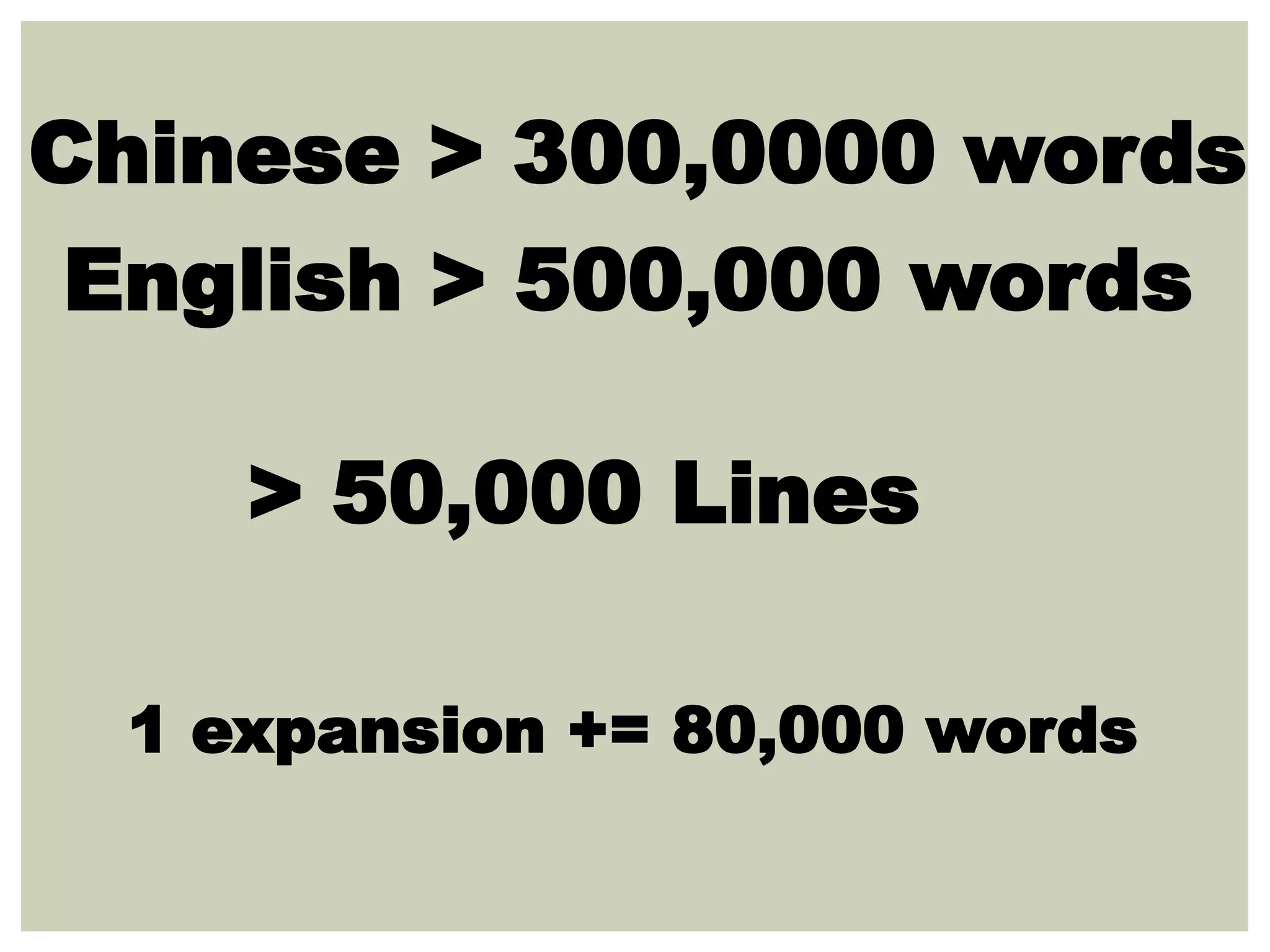 Chinese > 300,0000 words
English > 500,000 words
1 expansion += 80,000 words
> 50,000 Lines
 