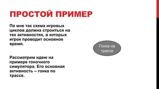 ПРОСТОЙ ПРИМЕР
По мне так схема игровых
циклов должна строиться на
тех активностях, в которых
игрок проводит основное
время.
Рассмотрим идею на
примере гоночного
симулятора. Его основная
активность – гонка по
трассе.
Гонка на
трассе
 