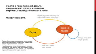 Участие в гонке приносит деньги,
которые можно тратить в гараже на
апгрейды, а апрейды помогают в гонке.
Классический луп.
Гонка на
трассе
Победа открывает
новую трассу
Гараж
Участие в гонке
дает деньги
Гараж улучшает машину, что
повышает шансы на победу
Таким образом мы просим игрока несколько раз
участвовать в одной и той же гонке, прежде чем
дадим ему возможность выиграть.
Чем больше мы хотим контролировать скорость
прогрессии, тем меньше нам надо давать игроку
шансов на победу за счет скилла, а не апгрейдов в
гараже. Это зависит от задач проекта.
 