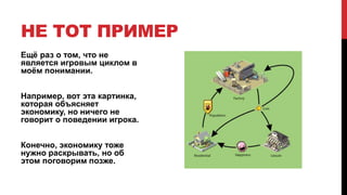 НЕ ТОТ ПРИМЕР
Ещё раз о том, что не
является игровым циклом в
моём понимании.
Например, вот эта картинка,
которая объясняет
экономику, но ничего не
говорит о поведении игрока.
Конечно, экономику тоже
нужно раскрывать, но об
этом поговорим позже.
 