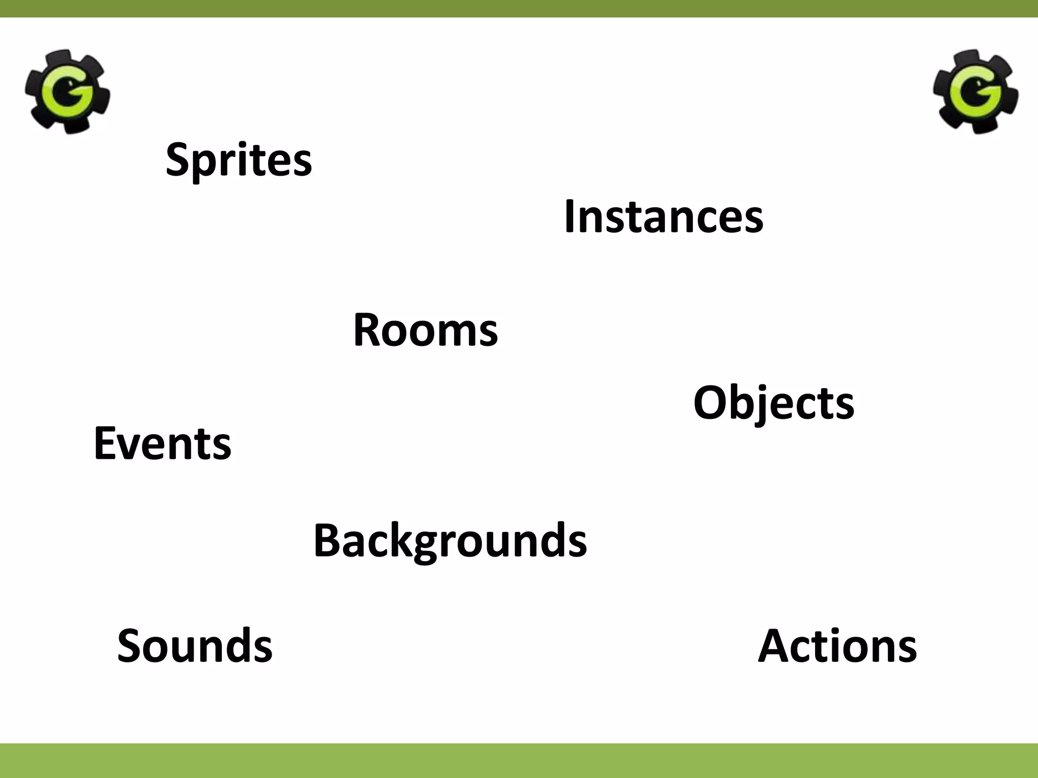 Sprites
                     Instances

             Rooms
                          Objects
Events
          Backgrounds

 Sounds                      Actions
 