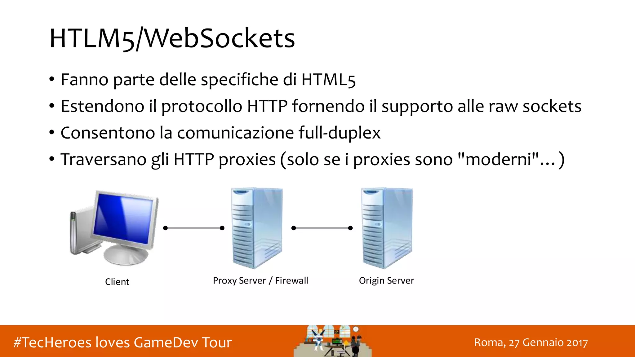 Roma, 27 Gennaio 2017#TecHeroes loves GameDev Tour
HTLM5/WebSockets
• Fanno parte delle specifiche di HTML5
• Estendono il protocollo HTTP fornendo il supporto alle raw sockets
• Consentono la comunicazione full-duplex
• Traversano gli HTTP proxies (solo se i proxies sono "moderni"…)
Client Proxy Server / Firewall Origin Server
 