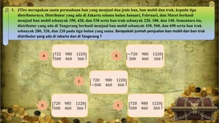 1. JTire merupakan suatu perusahaan ban yang menjual dua jenis ban, ban mobil dan truk, kepada tiga
distributornya. Distributor yang ada di Jakarta selama bulan Januari, Februari, dan Maret berhasil
menjual ban mobil sebanyak 350, 420, dan 530 serta ban truk sebanyak 220, 180, dan 140. Sementara itu,
distributor yang ada di Tangerang berhasil menjual ban mobil sebanyak 430, 560, dan 690 serta ban truk
sebanyak 280, 320, dan 220 pada tiga bulan yang sama. Berapakah jumlah penjualan ban mobil dan ban truk
distributor yang ada di Jakarta dan di Tangerang ?
722 980 1220
500 460 360
A
720 980 1220
500 460 360
E
720 985 1220
500 460 366
D
720 980 1220
−500 460 360
C
−720 980 1220
500 460 360
B
 