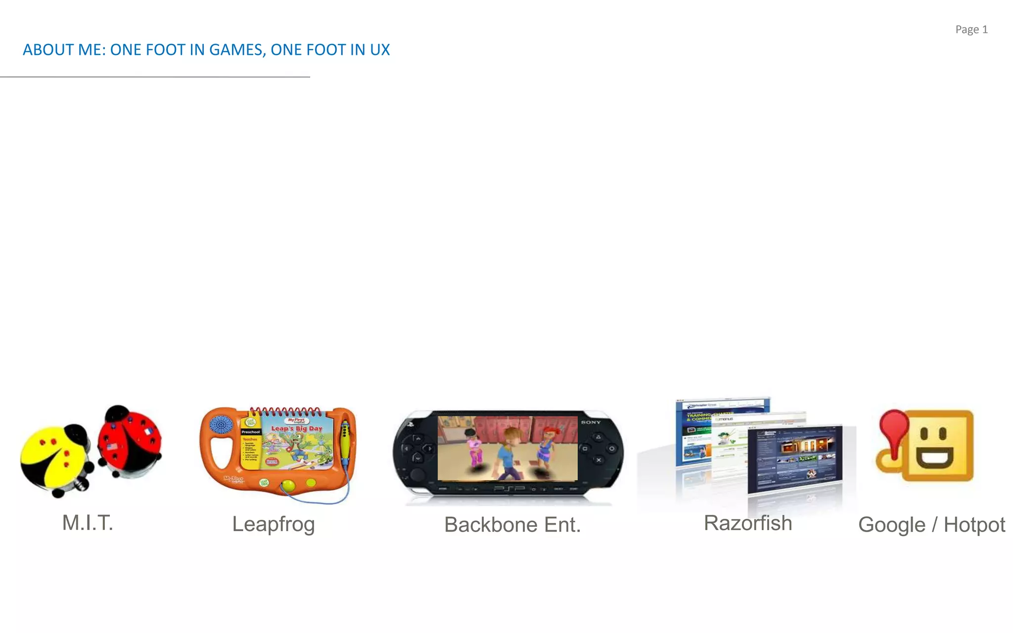 ABOUT ME: ONE FOOT IN GAMES, ONE FOOT IN UXM.I.T. RazorfishLeapfrog Backbone Ent.Google / Hotpot