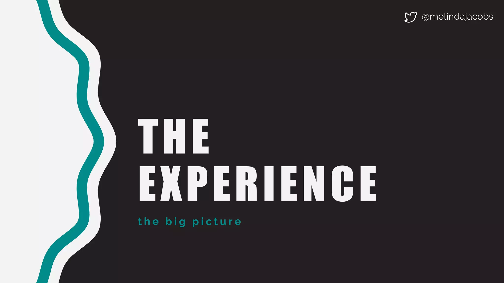 THE
EXPERIENCE
t h e b i g p i c t u r e
@melindajacobs
 