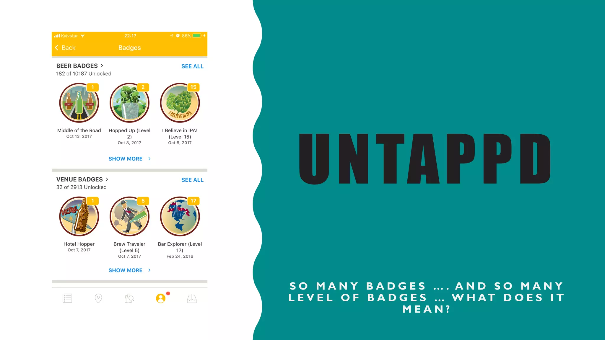 UNTAPPD
S O M A N Y B A D G E S … . A N D S O M A N Y
L E V E L O F B A D G E S … W H AT D O E S I T
M E A N ?
 