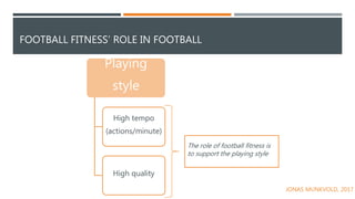 FOOTBALL FITNESS’ ROLE IN FOOTBALL
Playing
style
High tempo
(actions/minute)
High quality
The role of football fitness is
to support the playing style
JONAS MUNKVOLD, 2017
 