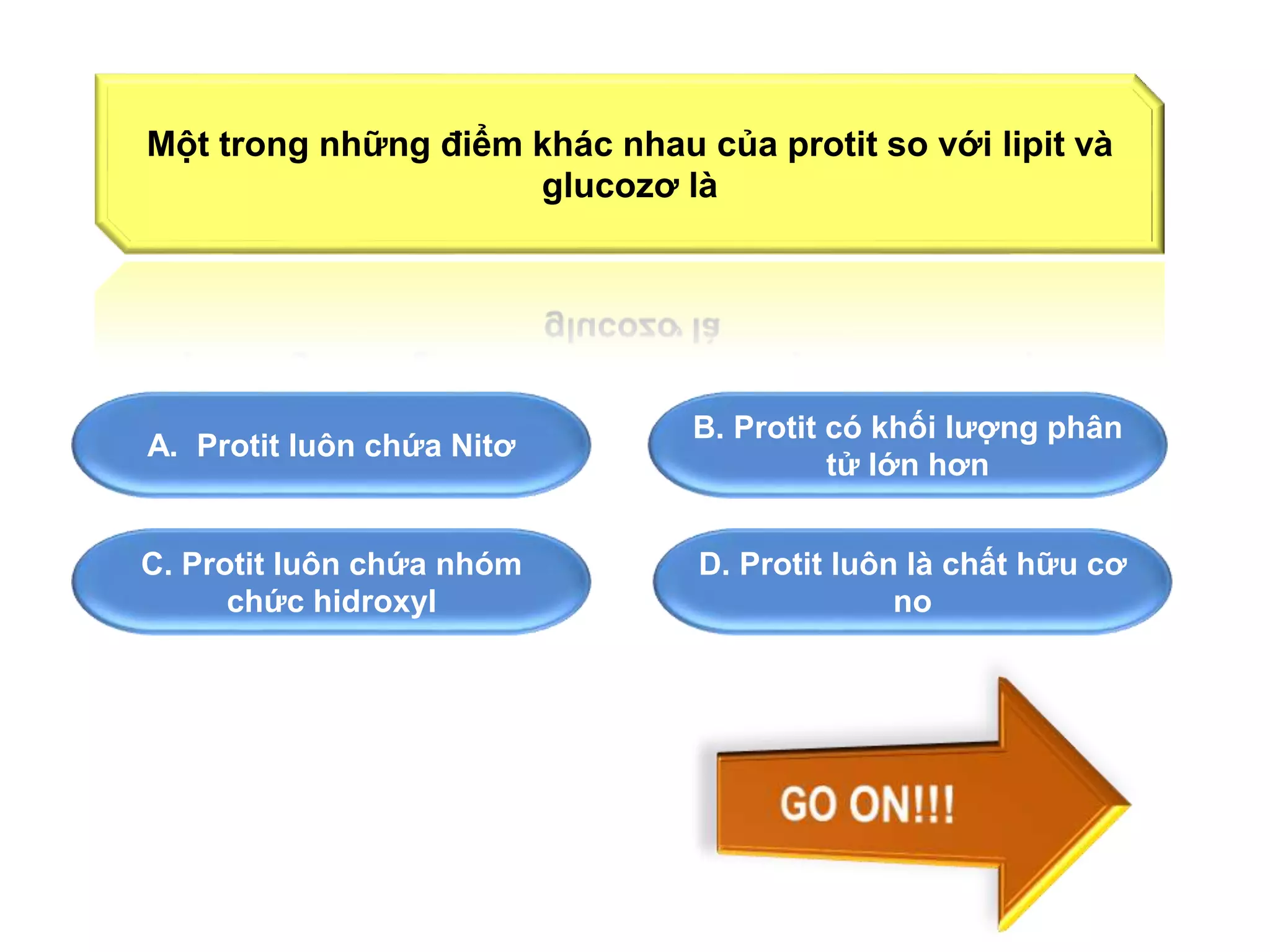 Một trong những điểm khác nhau của protit so với lipit và 
glucozơ là 
A. Protit luôn chứa Nitơ 
B. Protit có khối lượng phân 
tử lớn hơn 
C. Protit luôn chứa nhóm 
chức hidroxyl 
D. Protit luôn là chất hữu cơ 
no 
 