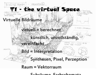T1 – the virtual Space
virtuell = berechnet
künstlich, unvollständig,
vereinfacht
Bild = Interpretation
Synthesen, Pixel, Perzeption
Raum = Vektorraum
Virtuelle Bildräume
 
