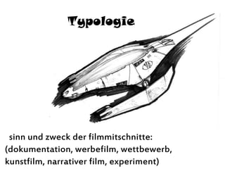 Typologie
sinn und zweck der filmmitschnitte:
(dokumentation, werbefilm, wettbewerb,
kunstfilm, narrativer film, experiment)
 