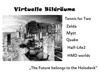 Virtuelle Bildräume
Tennis for Two
Quake
Myst
Half-Life2
HMD worlds
„The Future belongs to the Holodeck“
Zelda
 