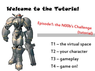 Welcome to the Tutorial
T1 – the virtual space
T2 – your character
T3 – gameplay
T4 – game on!
 