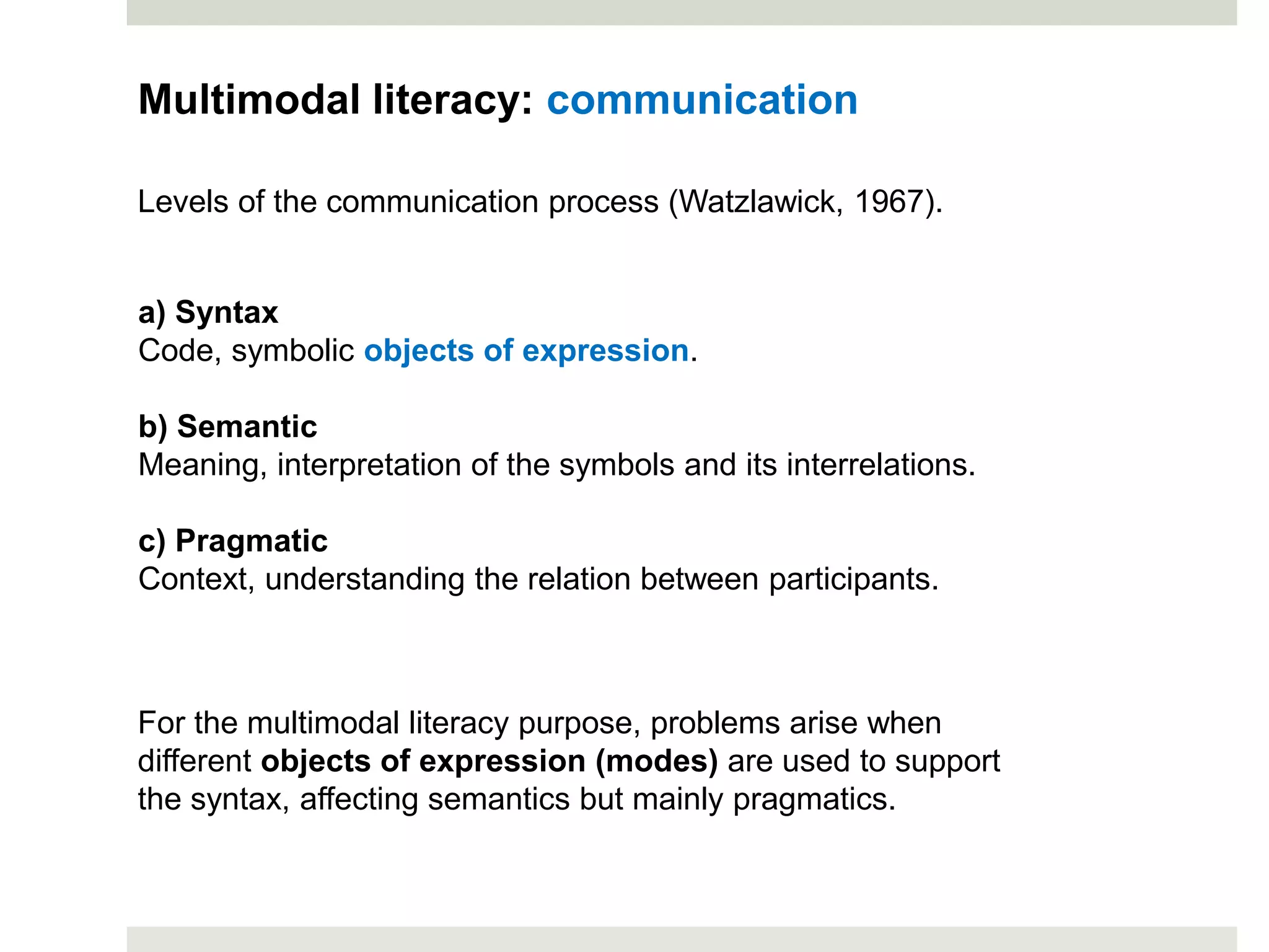 a) Syntax
Code, symbolic objects of expression.
b) Semantic
Meaning, interpretation of the symbols and its interrelations.
c) Pragmatic
Context, understanding the relation between participants.
Multimodal literacy: communication
For the multimodal literacy purpose, problems arise when
different objects of expression (modes) are used to support
the syntax, affecting semantics but mainly pragmatics.
Levels of the communication process (Watzlawick, 1967).
 