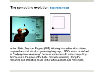 In the 1960’s, Seymour Pappert (MIT) following his studies with children,
purposed a sort of visual programming language, LOGO, which he defined
as "body-syntonic reasoning”, because students could write code putting
themselves in the place of the turtle, mentally simulating, doing the
reasoning and predicting based in the turtle’s position and movement.
The computing evolution: becoming visual
 