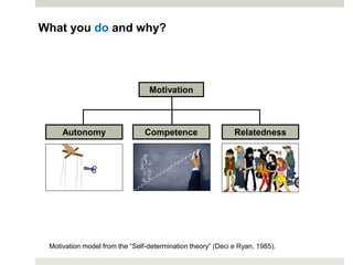 Motivation
CompetenceAutonomy Relatedness
Motivation model from the “Self-determination theory” (Deci e Ryan, 1985).
What you do and why?
 