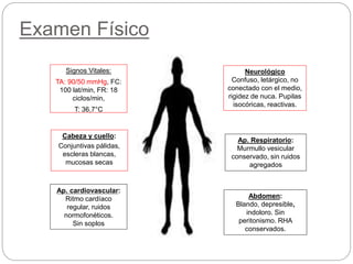 Examen Físico
Signos Vitales:
TA: 90/50 mmHg, FC:
100 lat/min, FR: 18
ciclos/min,
T: 36,7°C
Cabeza y cuello:
Conjuntivas pálidas,
escleras blancas,
mucosas secas
Ap. cardiovascular:
Ritmo cardíaco
regular, ruidos
normofonéticos.
Sin soplos
Neurológico
Confuso, letárgico, no
conectado con el medio,
rigidez de nuca. Pupilas
isocóricas, reactivas.
Ap. Respiratorio:
Murmullo vesicular
conservado, sin ruidos
agregados
Abdomen:
Blando, depresible,
indoloro. Sin
peritonismo. RHA
conservados.
 
