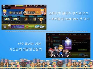 스테이지 클리어 방식의 리그
– 유저들의 Real Data 간 경기
선수 뽑기는 기본
자신만의 최강팀 만들기
 