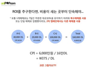 ROI를 추구한다면, 비용이 새는 곳부터 단속해야...
* 보통 1개매체로는 7일간 꾸준한 대규모DL을 유지하기 어려워 복수매체를 사용
    또는 단일 매체로 집행했더라도, 2차 캠페인에서는 다른 매체를 사용




    A사               B사               C사              Total
  40,000 DL   +    20,000 DL   +   100,000 DL   =   160,000 DL
   CPI 350         CPI 300        CPI 400         6,000만원




                  CPI = 6,000만원 / 16만DL
                       = 375 / DL
                           과연 그럴까요??!!
 