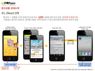 광고상품 상세소개

#1. Direct CPI
  [앱 설치 + 실행]을 1건의 완료조건으로 하는 ‘실행형’ 상품을 중심으로 운영. (‘설치형’과 동일가격)
  : 연동없이 설치만 보장하는 ‘설치형’ 상품도 선택가능하나 구글 순위반영에 불리하여 권하지 않음.



      1) 매체사 앱에서                                                                          4) 앱다운로드 및 실행
                            2) App 소개 및 이벤트 내용 확인     3) 앱스토어 이동
     이벤트 메뉴 등 클릭                                                                              리워드 지급




                                                                           Installation
                                                                          설치 + 실행
                                                                          확인 당 과금




                                                                                          앱 실행 시 Device ID
      S2S or SDK 연동
                                                                                           IGAW 서버로 전달
Device ID 체크    Reward 지급
매체중복 제거          또는 거부
                                                    * Device ID : 안드로이드의 경우 IMEI, iOS의 경우 Mac Address를 사용합니다.
 