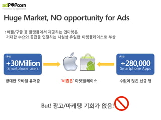Huge Market, NO opportunity for Ads
: 애플/구글 등 플랫폼에서 제공하는 앱마켓은
 거대한 수요와 공급을 연결하는 사실상 유일한 마켓플레이스로 부상




(국내)                                      (국내)


+30Million                                +280,000
 Smartphone users                         Smartphone Apps


방대한 모바일 유저층              ‘비좁은’ 마켓플레이스     수없이 많은 신규 앱




                    But! 광고/마케팅 기회가 없음!
 
