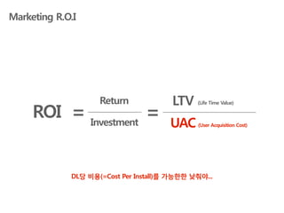 Marketing R.O.I




                    Return              LTV
     ROI = Investment =
                                              (Life Time Value)



                                       UAC     (User Acquisition Cost)




             DL당 비용(=Cost Per Install)를 가능한한 낮춰야...
 