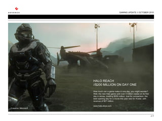 GAMING UPDATE // OCTOBER 2010 //  HALO REACH  //$200 MILLION ON DAY ONE How much can a game make in one day, you might won...