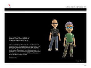 GAMING UPDATE // SEPTEMBER 2010 //  MICROSOFT AVATARS //THE KINECT UPDATE Life as a bobblehead will never be the same. The...
