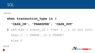 SQL
case
when transaction_type in (
'CASH_IN', 'TRANSFER', 'CASH_OUT'
) and max ( trans_id ) over ( … ) is not null
then 1...