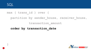 SQL
max ( trans_id ) over (
partition by sender_house, receiver_house,
transaction_amount
order by transaction_date
)
 