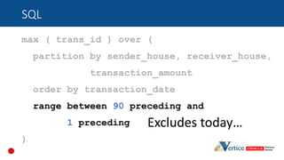 SQL
max ( trans_id ) over (
partition by sender_house, receiver_house,
transaction_amount
order by transaction_date
range ...