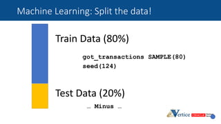 Machine Learning: Split the data!
Train Data (80%)
Test Data (20%)
got_transactions SAMPLE(80)
seed(124)
… Minus …
 