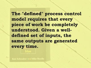 The "defined" process control
model requires that every
piece of work be completely
understood. Given a well-
defined set of inputs, the
same outputs are generated
every time.
 