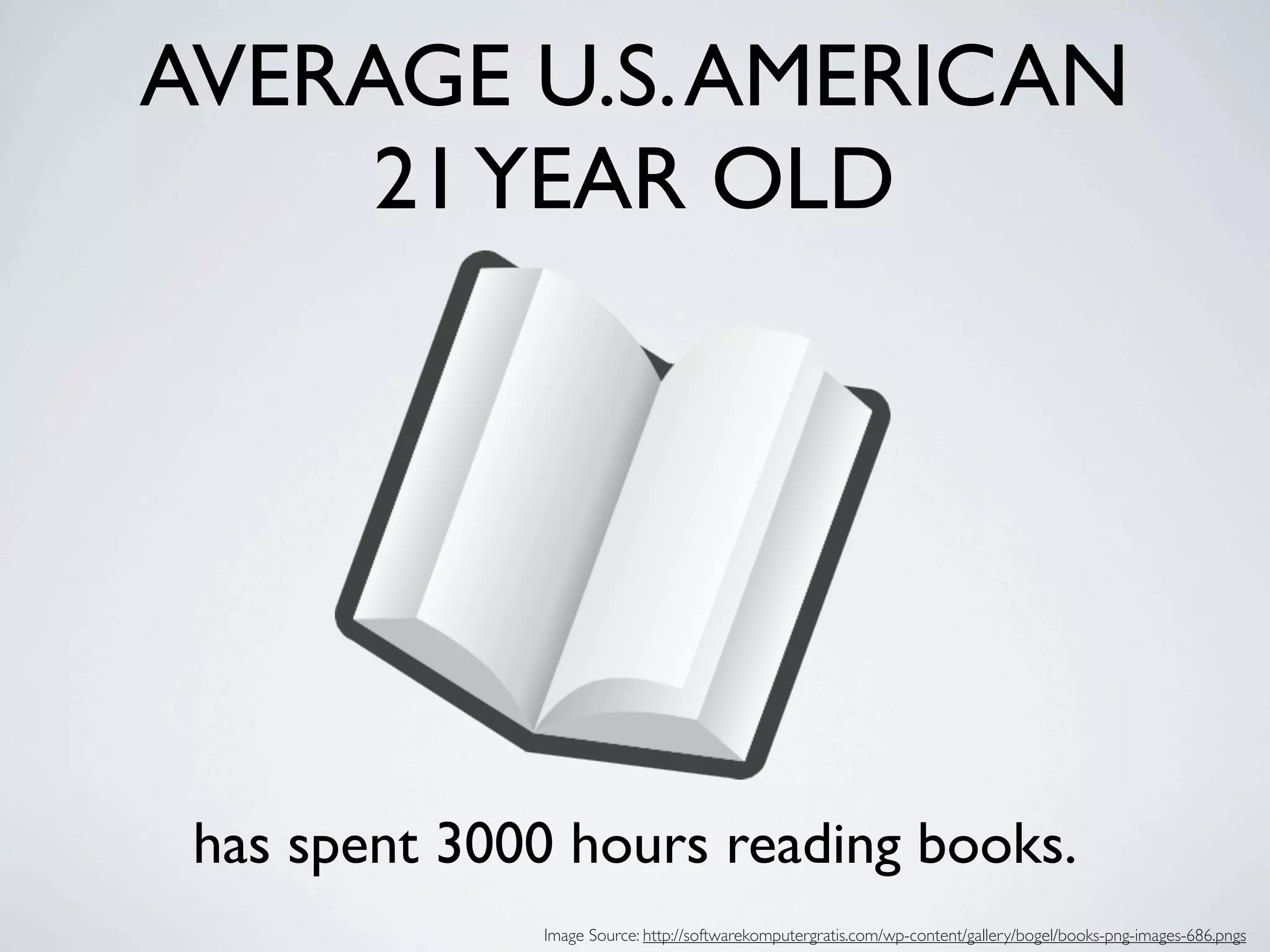 AVERAGE U.S. AMERICAN
     21 YEAR OLD




 has spent 3000 hours reading books.
              Image Source: http://softwarekomputergratis.com/wp-content/gallery/bogel/books-png-images-686.pngs
 