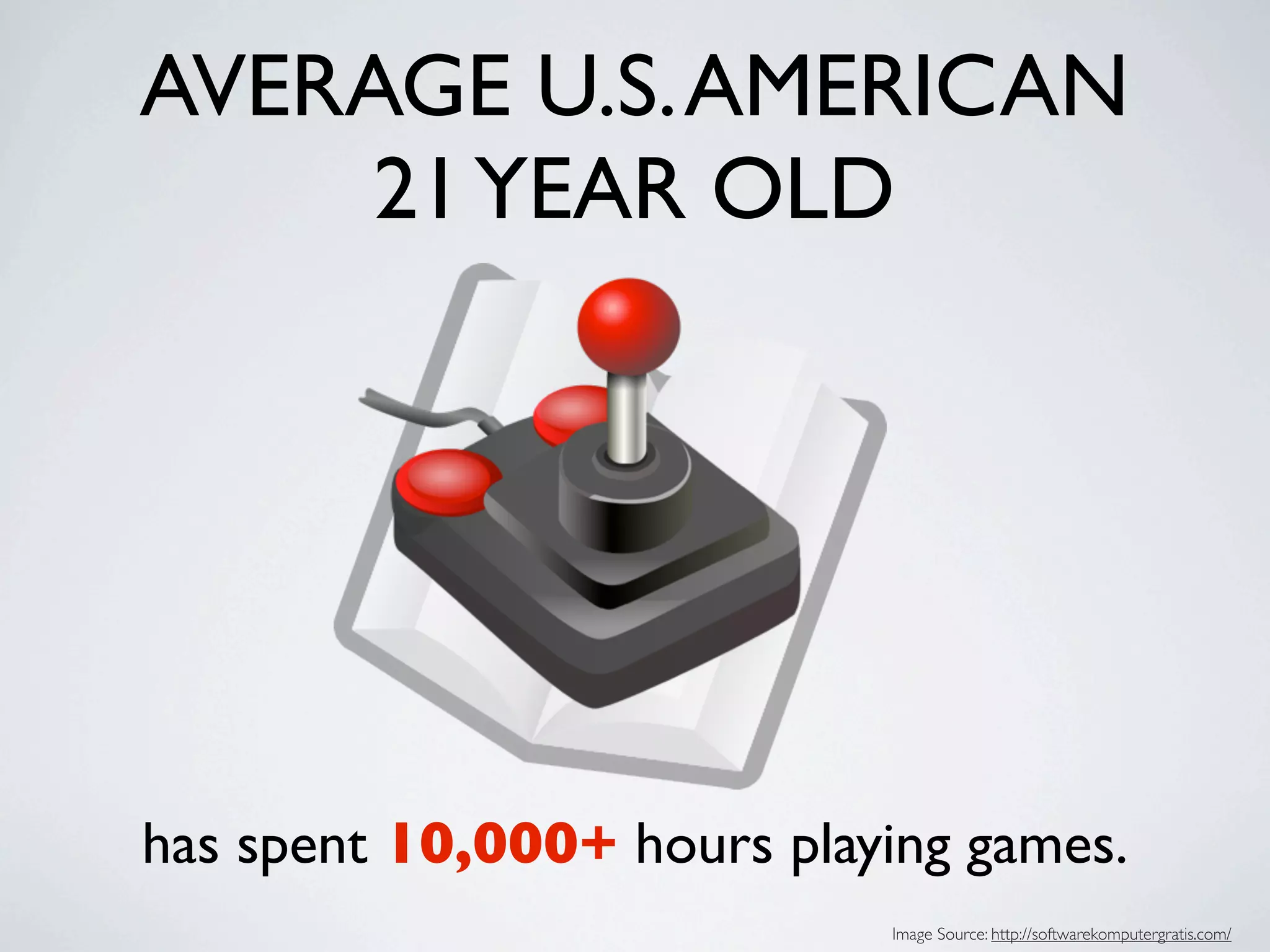 AVERAGE U.S. AMERICAN
     21 YEAR OLD




has spent 10,000+ hours playing games.
                            Image Source: http://softwarekomputergratis.com/
 