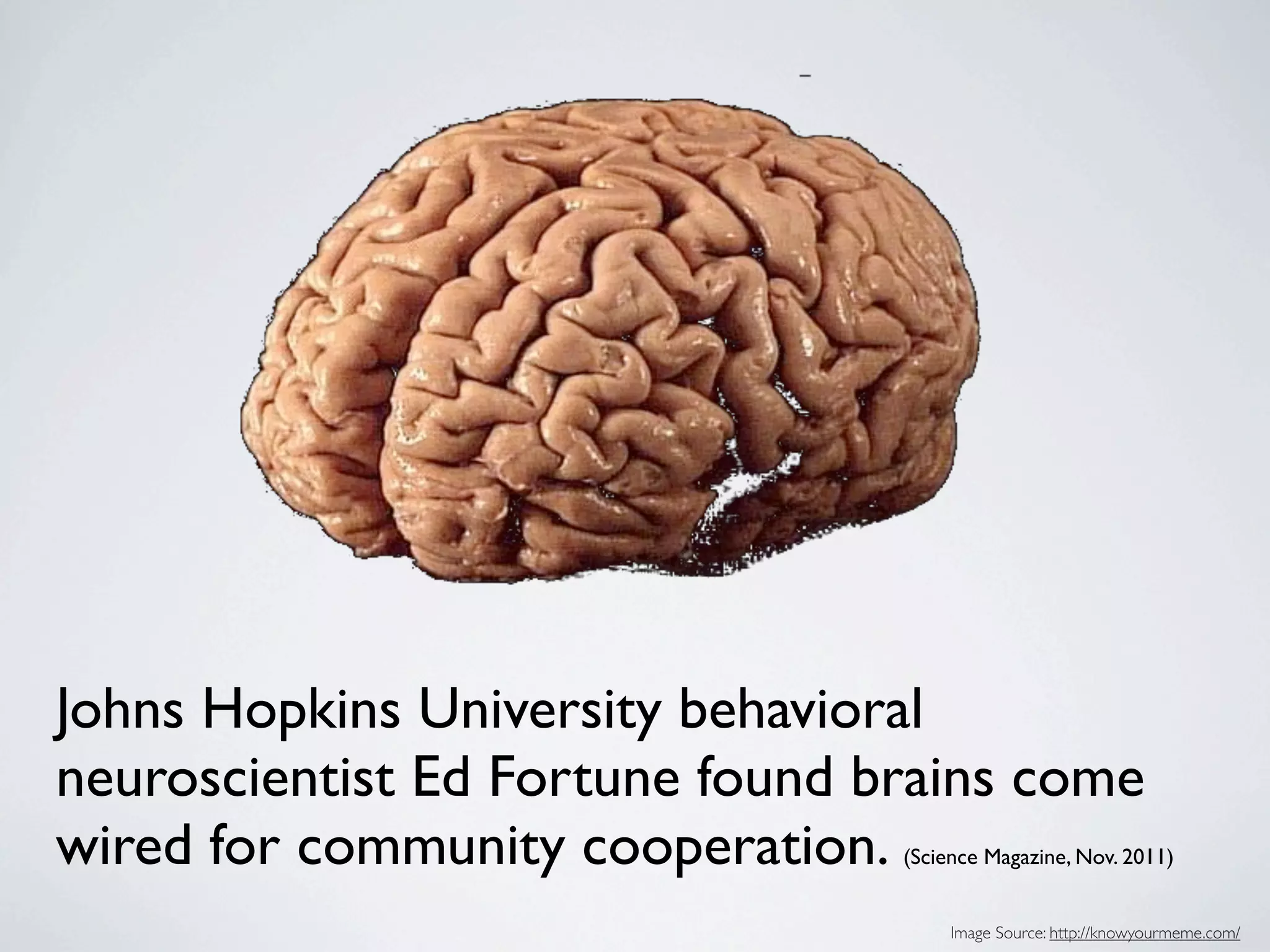 Johns Hopkins University behavioral
neuroscientist Ed Fortune found brains come
wired for community cooperation. (Science Magazine, Nov. 2011)


                                      Image Source: http://knowyourmeme.com/
 