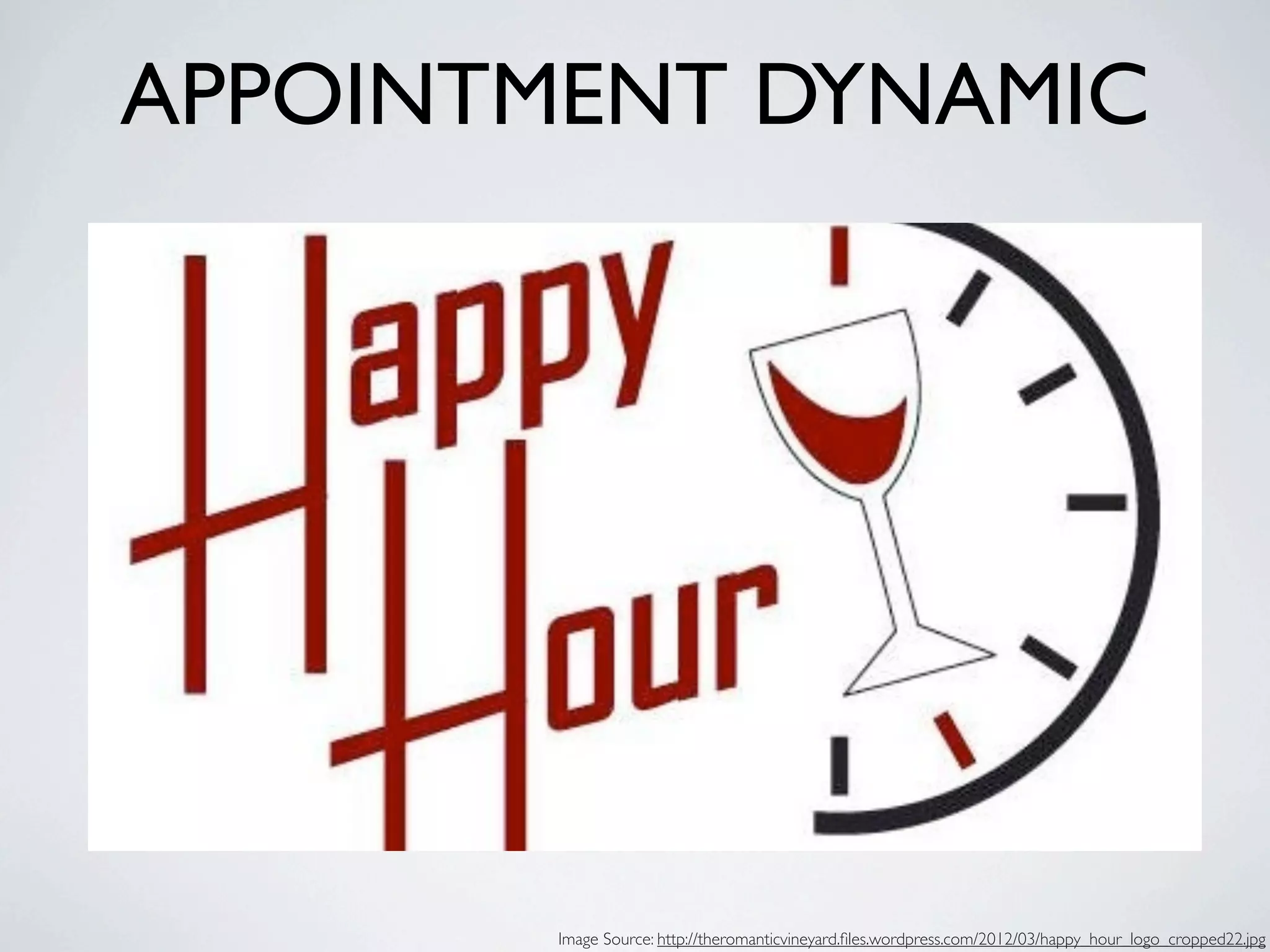 APPOINTMENT DYNAMIC




        Image Source: http://theromanticvineyard.ﬁles.wordpress.com/2012/03/happy_hour_logo_cropped22.jpg
 
