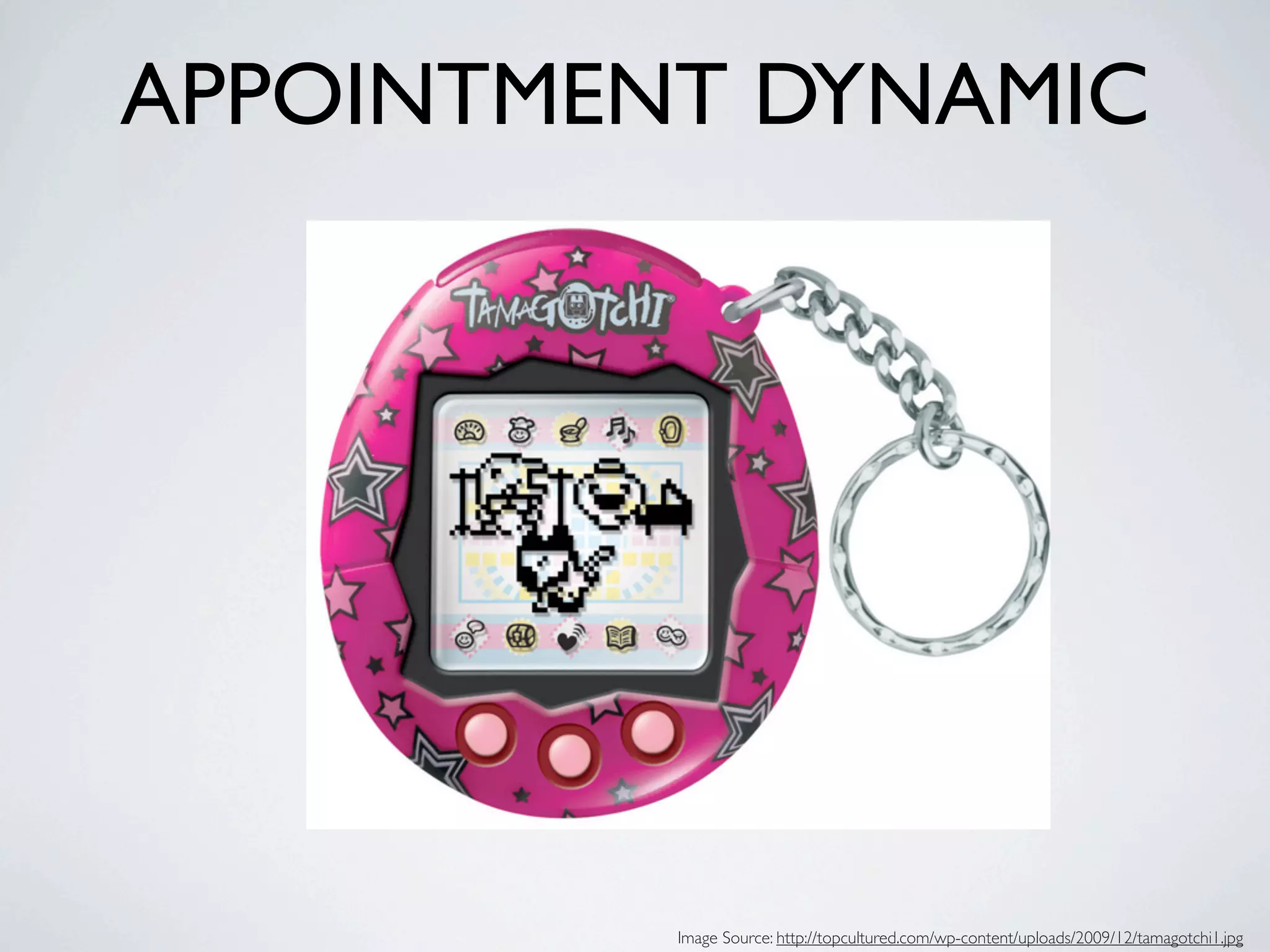 APPOINTMENT DYNAMIC




          Image Source: http://topcultured.com/wp-content/uploads/2009/12/tamagotchi1.jpg
 
