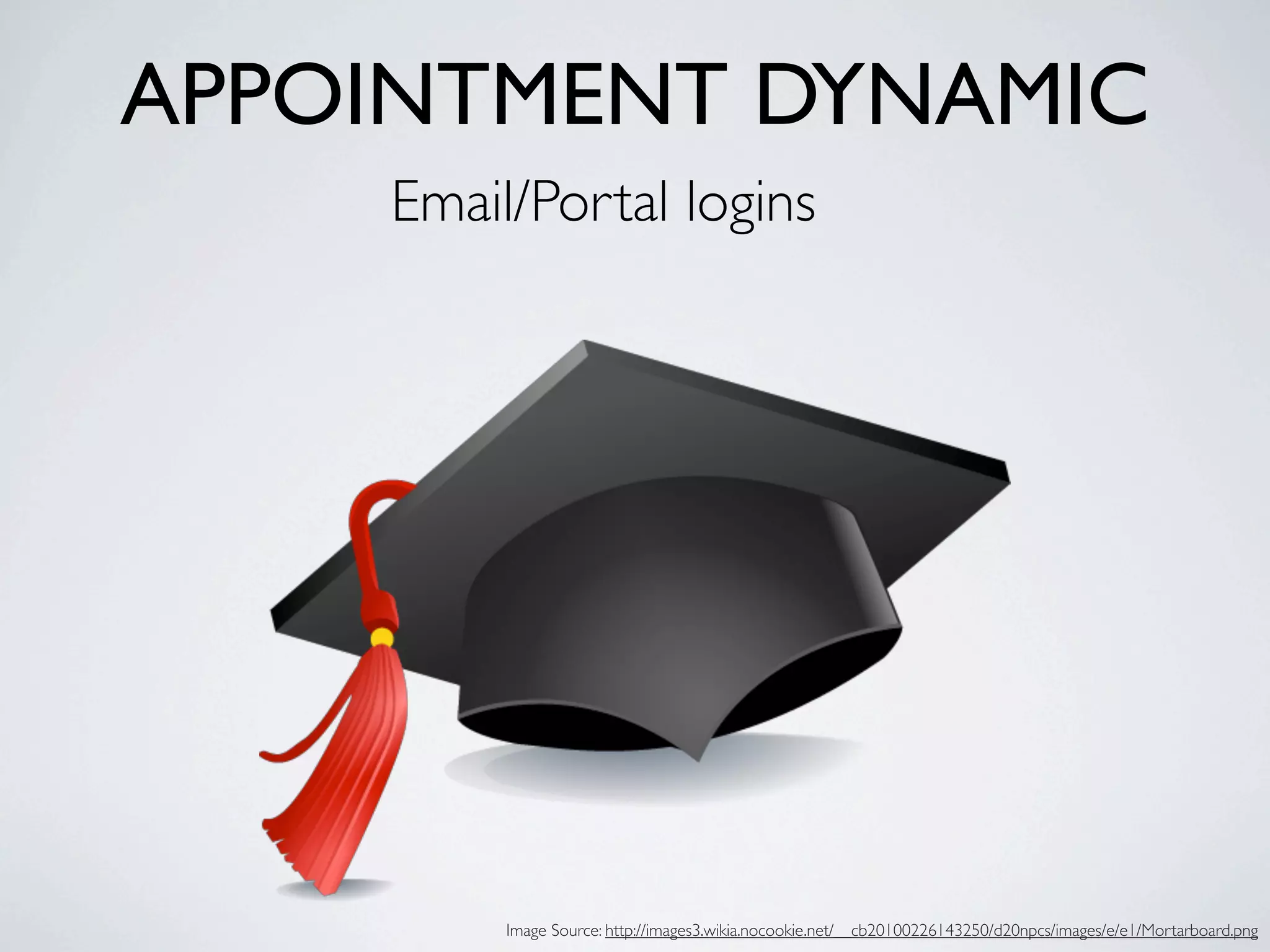 APPOINTMENT DYNAMIC
    Email/Portal logins




         Image Source: http://images3.wikia.nocookie.net/__cb20100226143250/d20npcs/images/e/e1/Mortarboard.png
 