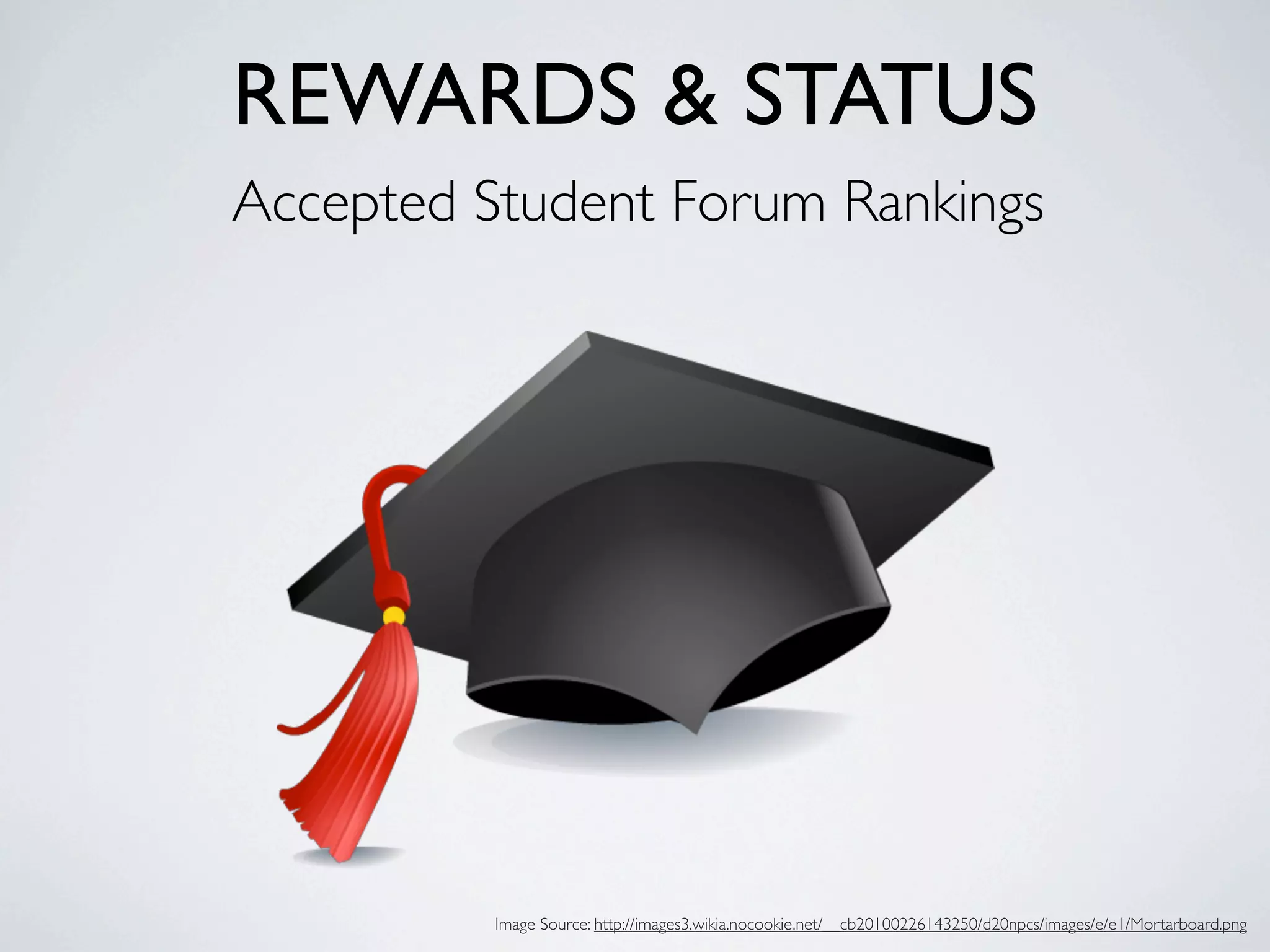 REWARDS & STATUS
Accepted Student Forum Rankings




          Image Source: http://images3.wikia.nocookie.net/__cb20100226143250/d20npcs/images/e/e1/Mortarboard.png
 