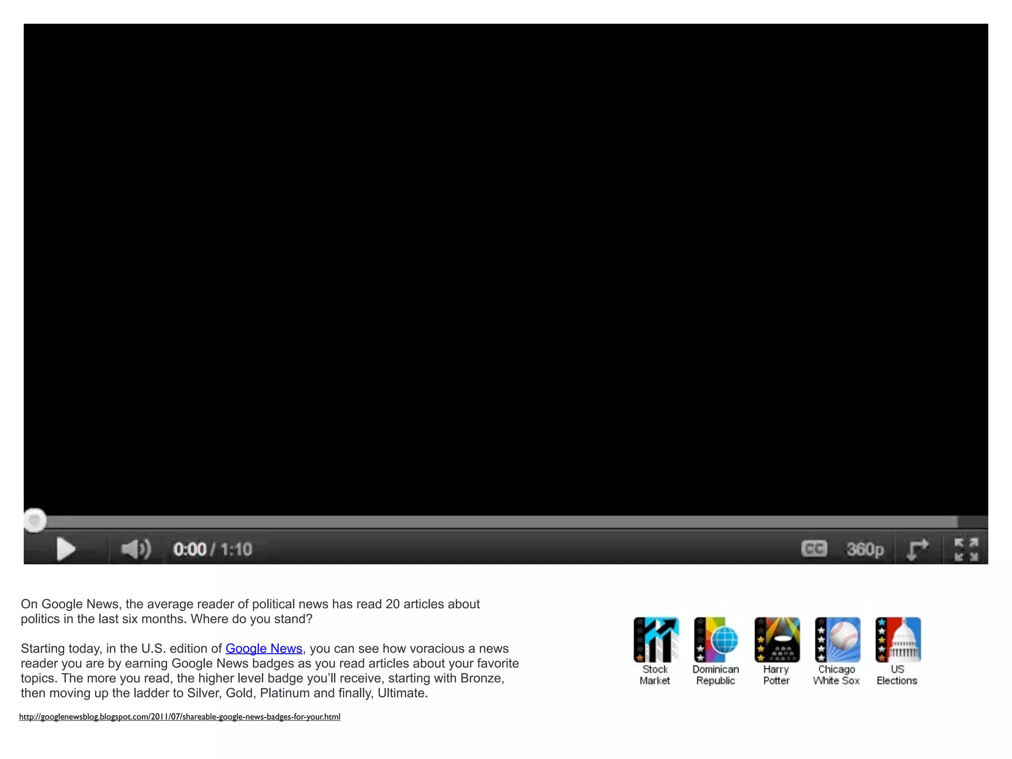 On Google News, the average reader of political news has read 20 articles about
politics in the last six months. Where do you stand?

Starting today, in the U.S. edition of Google News, you can see how voracious a news
reader you are by earning Google News badges as you read articles about your favorite
topics. The more you read, the higher level badge you’ll receive, starting with Bronze,
then moving up the ladder to Silver, Gold, Platinum and finally, Ultimate.
http://googlenewsblog.blogspot.com/2011/07/shareable-google-news-badges-for-your.html
 